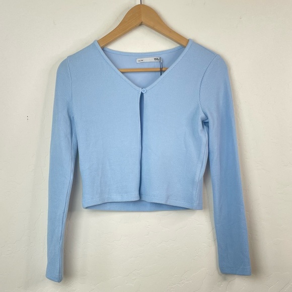 Lager 157 Hilja Ribbed Knit Open Front Single Button Long Sleeve Cropped Top New - Picture 3 of 15